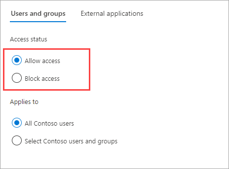 Captura de pantalla que muestra el estado del acceso de los usuarios y grupos para la colaboración B2B.