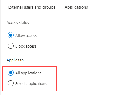 Captura de pantalla que muestra los destinos de aplicación para el acceso entrante