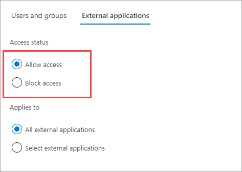 Captura de pantalla que muestra el estado de acceso a las aplicaciones para la conexión directa B2B saliente