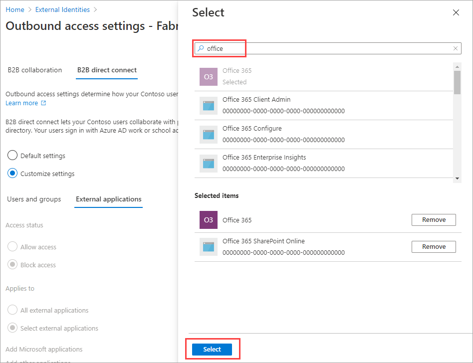Captura de pantalla que muestra la adición de aplicaciones externas para la conexión directa B2B saliente