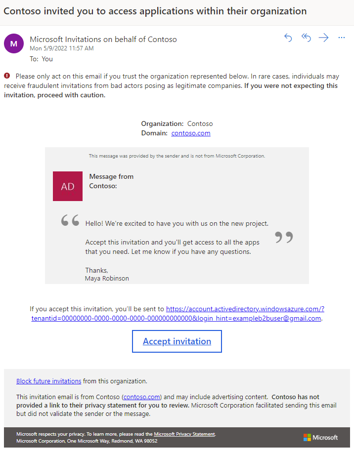 Captura de pantalla que muestra el correo electrónico de invitación de B2B.