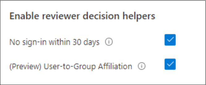   Captura de pantalla que muestra las opciones disponibles en Enable reviewer decision helpers.