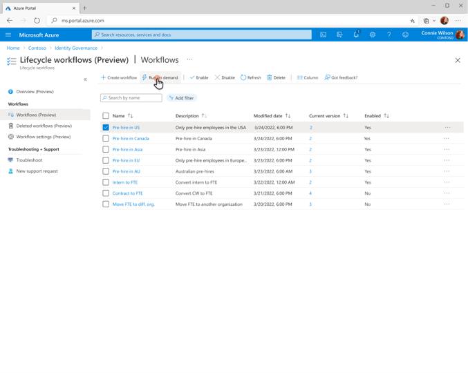 Screenshot of a list of Lifecycle Workflows workflows to run on-demand.