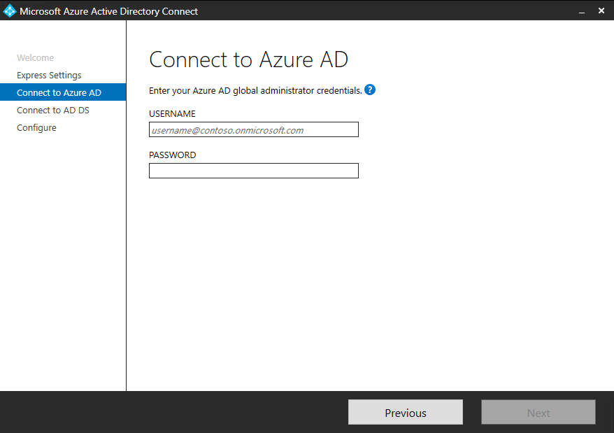 Captura de pantalla que muestra la página Conectar con Azure AD en el asistente de instalación.