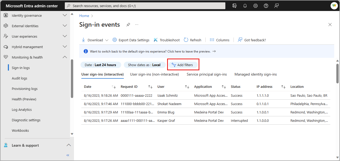 Captura de pantalla de la página de registros de información de inicio de sesión con la opción Agregar filtros resaltada.