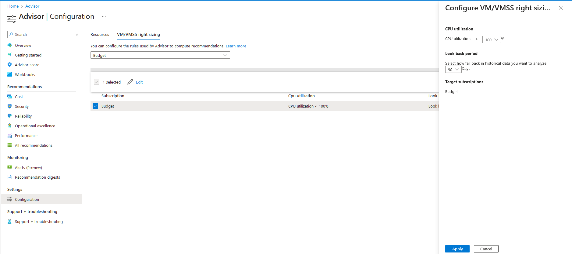 Screenshot of Azure Advisor configuration option for VM/VMSS sizing rules.