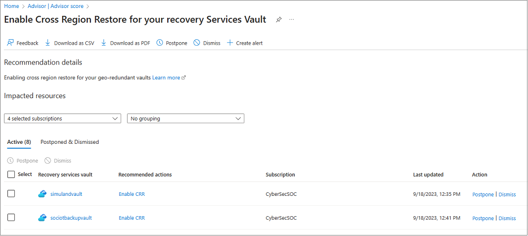Screenshot of Azure Advisor reliability recommendation details example.