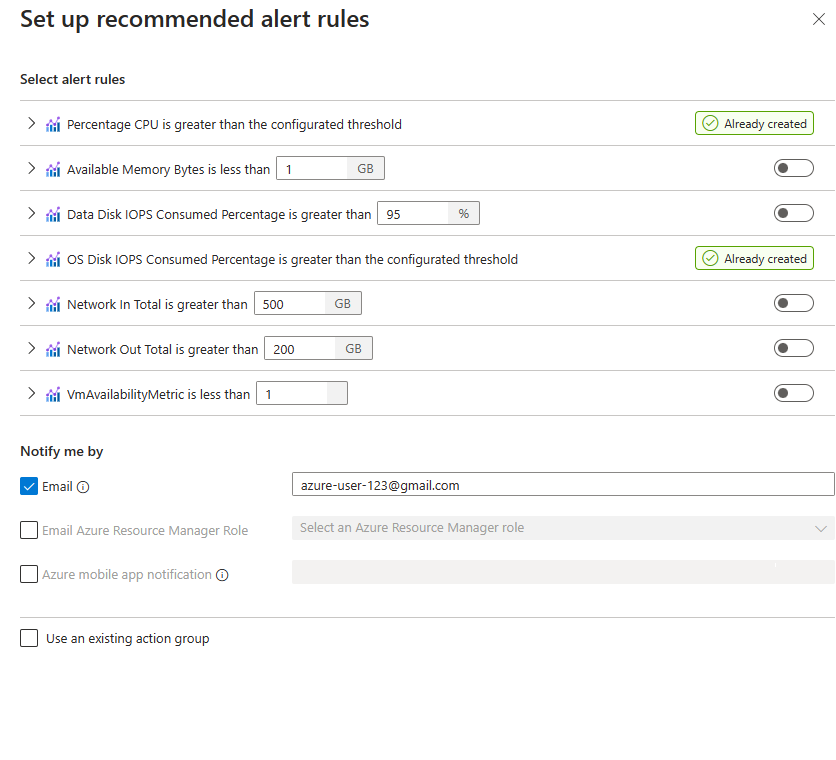 Captura de pantalla del panel de reglas de alertas recomendadas.