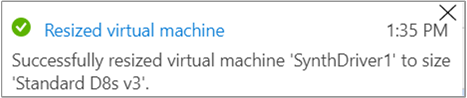 Notificación de que el tamaño de la máquina virtual se cambió correctamente