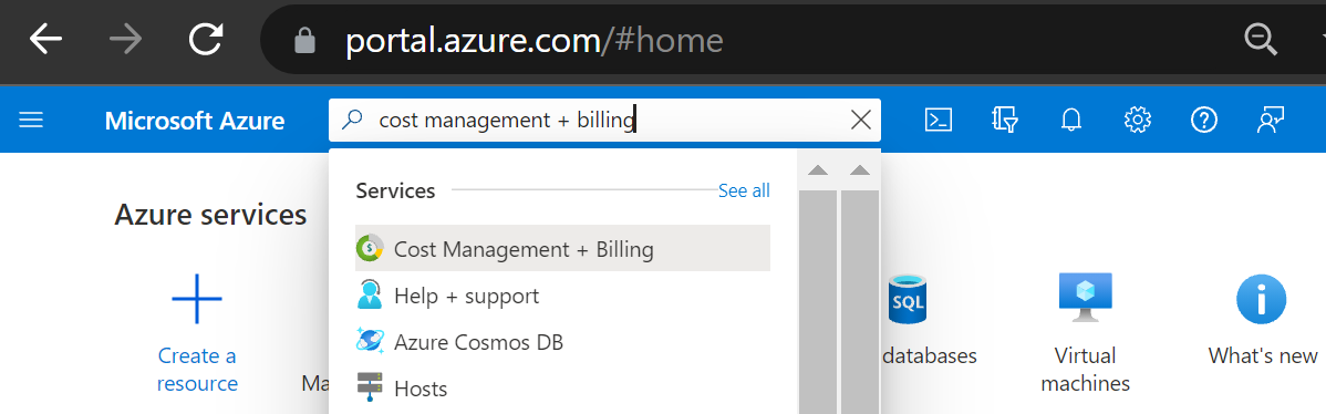 Screenshot showing search for Cost Management + Billing.