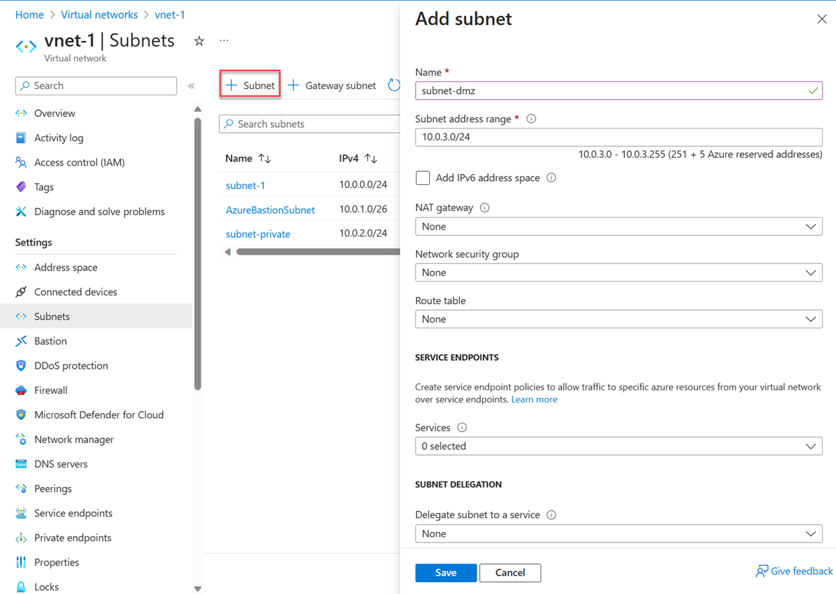 Screenshot of DMZ subnet creation in virtual network.