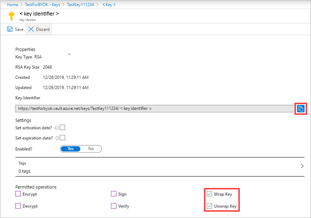 Captura de pantalla que muestra la página de configuración de claves.