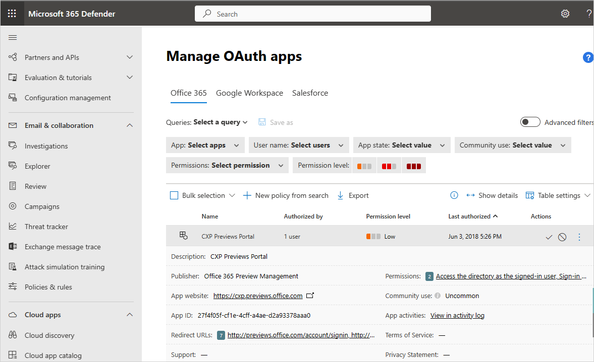 Cajón de aplicaciones de OAuth.