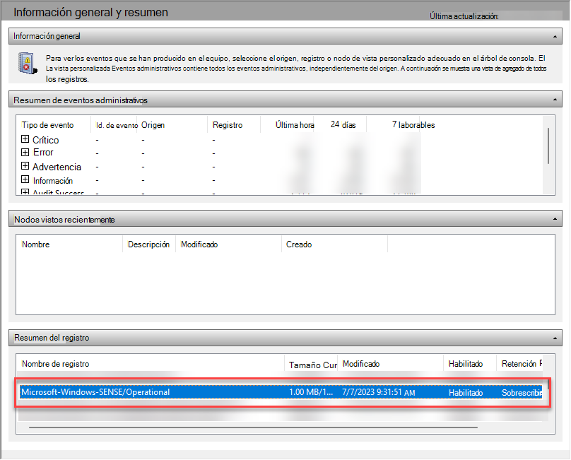 Captura de pantalla de Visor de eventos con la sección de resumen del registro