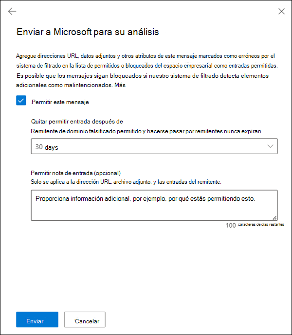 Elija si desea crear una entrada de permiso correspondiente para los elementos del mensaje en la lista de permitidos o bloqueados de inquilinos.