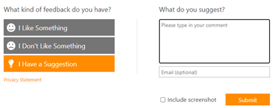 Captura de pantalla de una interfaz de formulario de comentarios con tres opciones en el lado izquierdo: 