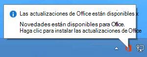 Captura de pantalla de una notificación que indica que las actualizaciones de Office están disponibles y proporciona una opción para instalarlas.