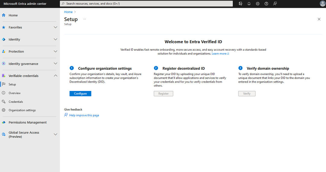 Screenshot that shows how to set up Verifiable Credentials.