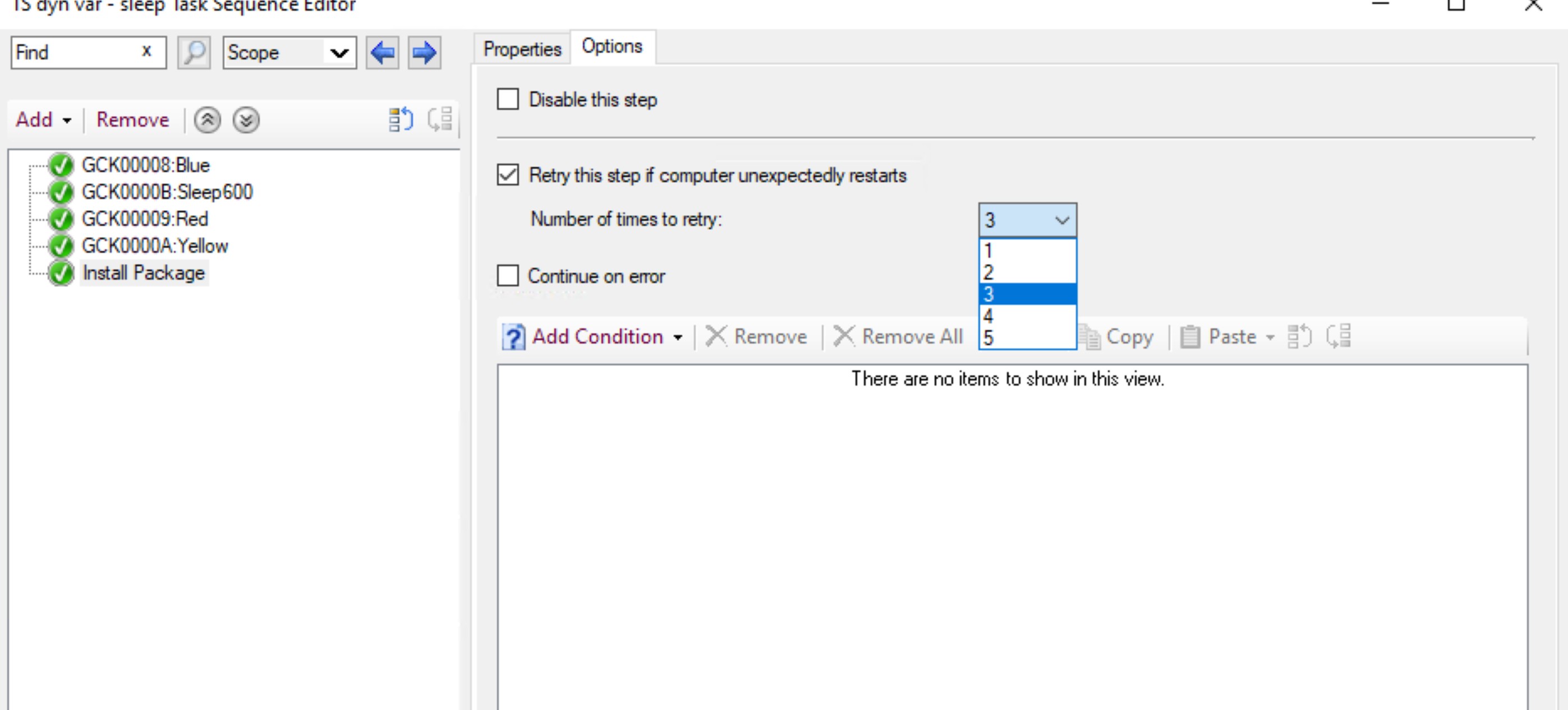 Captura de pantalla de los cambios en la variable dinámica en la secuencia de tareas en la consola de CM.