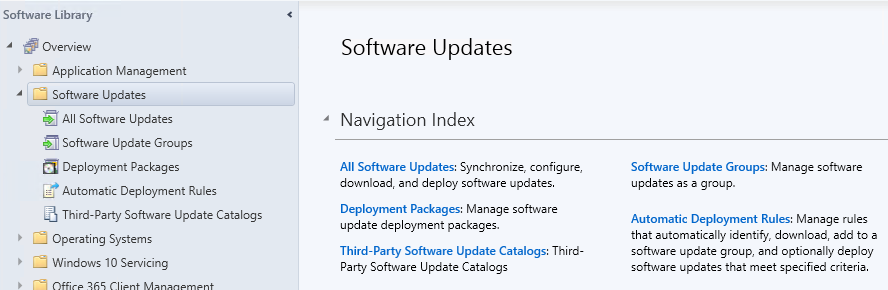 Configuration Manager índice de navegación de actualizaciones de software.