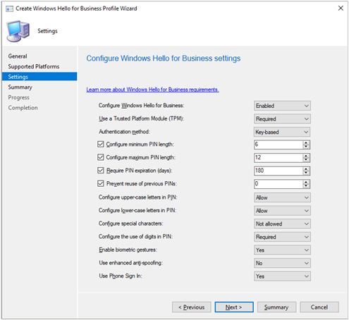 Windows Hello para empresas Asistente para directivas, que muestra la lista de opciones disponibles