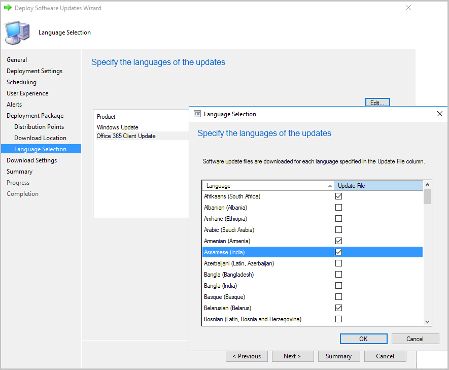 Captura de pantalla de la adición de idiomas adicionales para Aplicaciones Microsoft 365