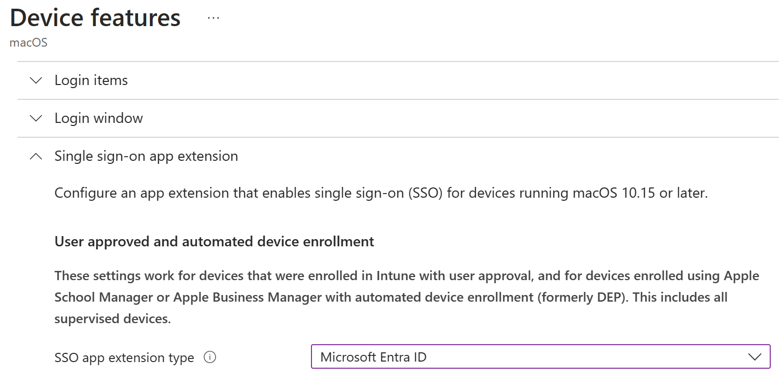 Captura de pantalla que muestra el tipo de extensión de aplicación sso y el identificador de Microsoft Entra para macOS en Intune