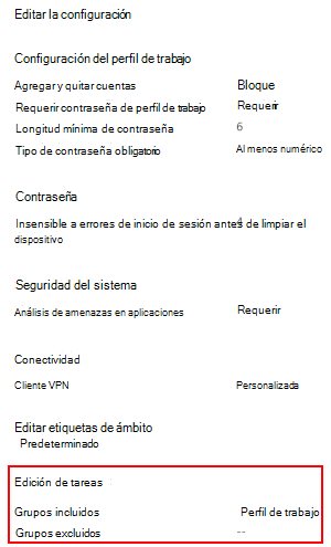 Captura de pantalla que muestra cómo seleccionar asignaciones para implementar el perfil en usuarios y grupos de Microsoft Intune.