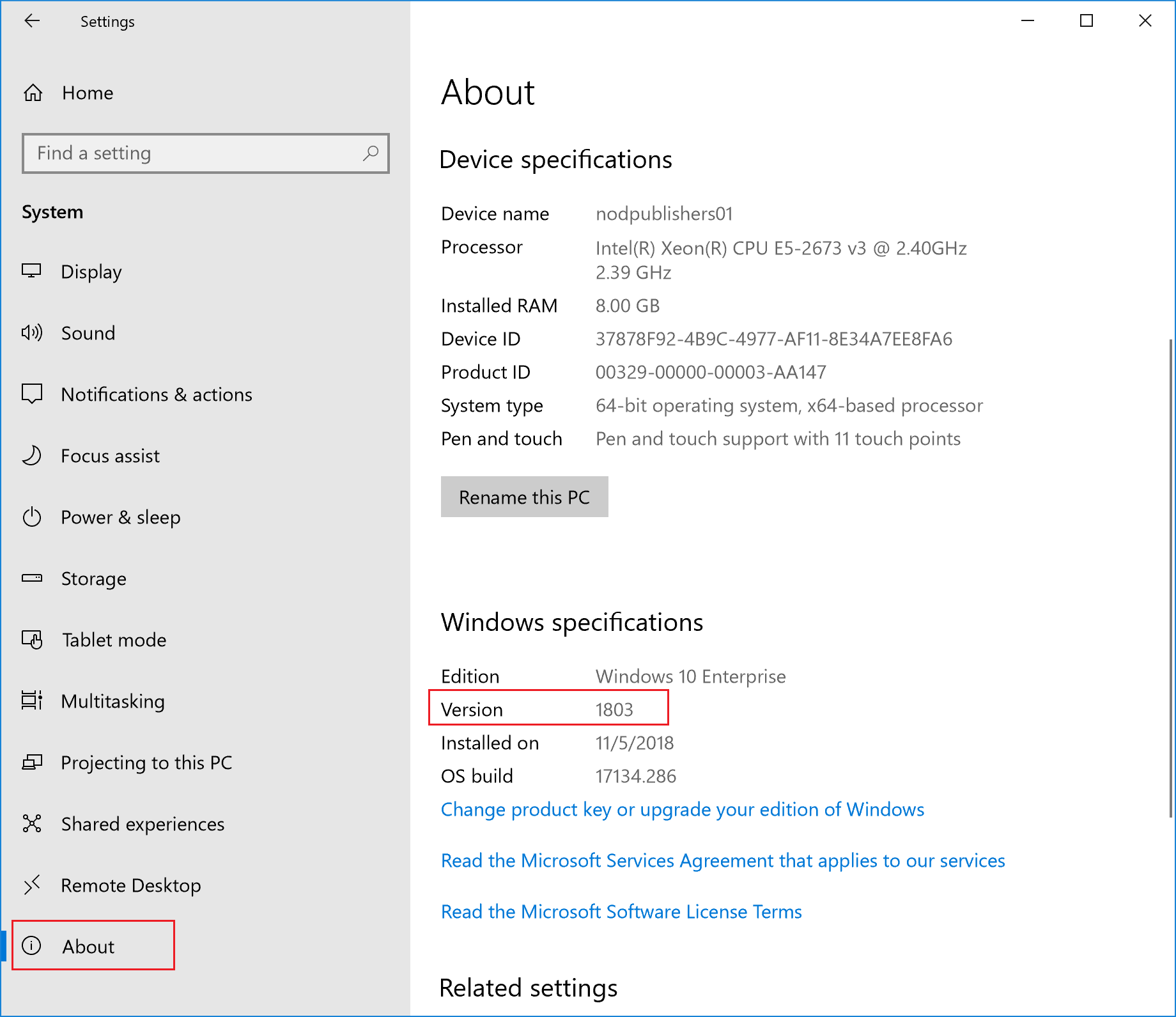 Captura de pantalla de la configuración del sistema