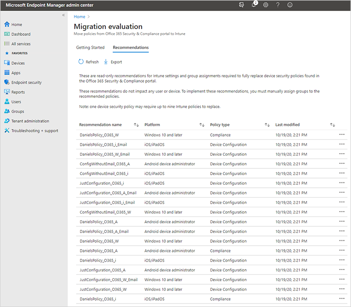 Captura de pantalla del ejemplo de evaluación de migración en el Centro de administración de Microsoft Intune después de migrar las directivas de movilidad y seguridad básicas de Microsoft 365 a Intune