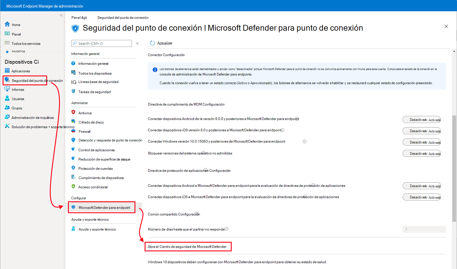 Captura de pantalla que muestra la revisión para abrir el Centro de seguridad de Microsoft Defender.