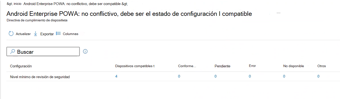 Captura de pantalla que muestra el informe de estado detallado por configuración, después de seleccionar el botón Ver informe en el Centro de administración de Intune.