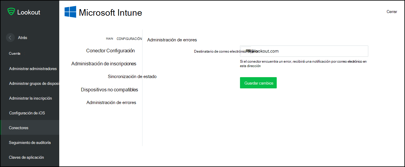captura de pantalla de la página de administración de errores del conector de Intune
