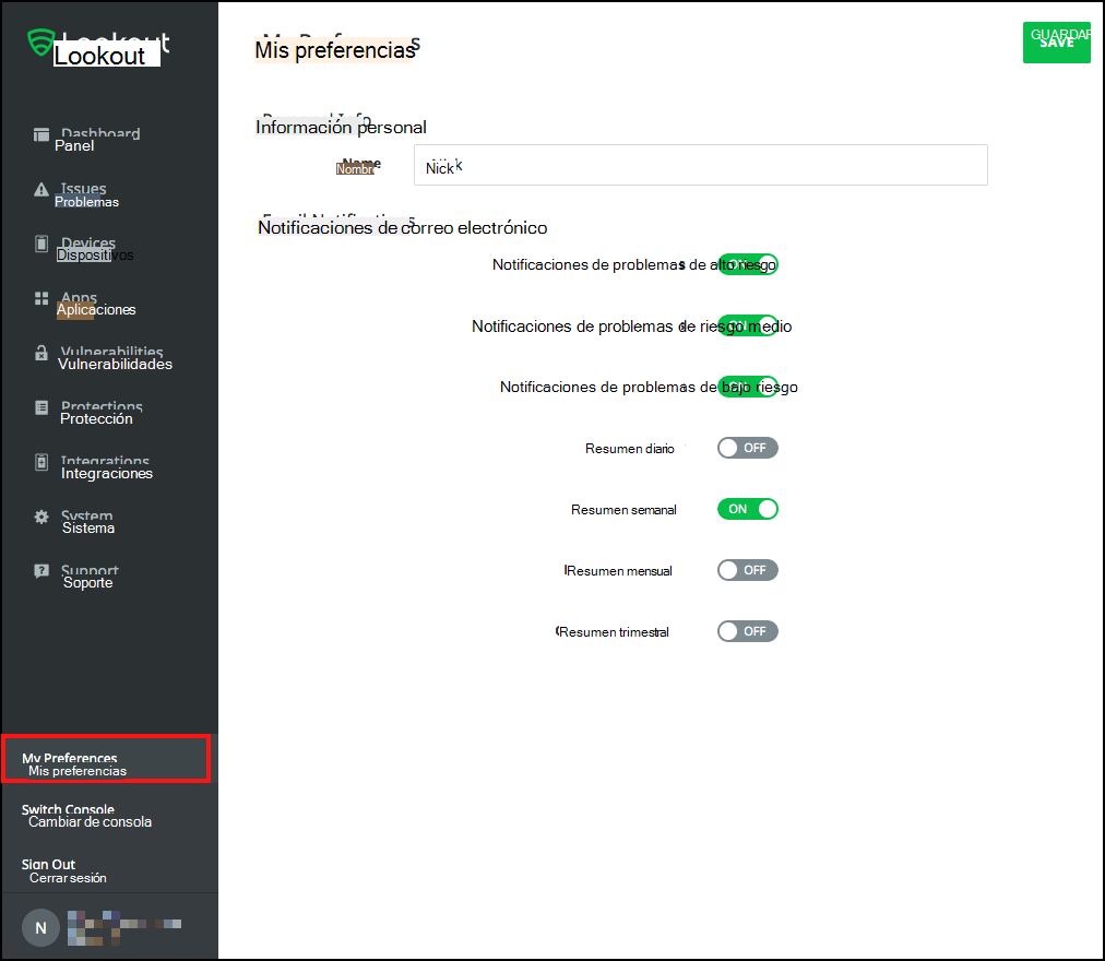 captura de pantalla de la página de preferencias donde se muestra la cuenta de usuario