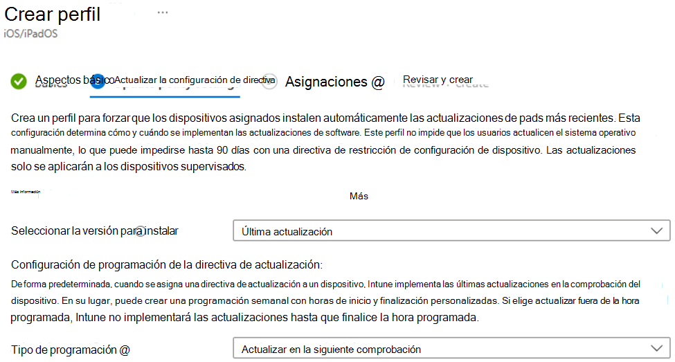 Captura de pantalla que muestra la versión seleccionada para instalar y programar la configuración de actualización de software para dispositivos iOS/iPadOS en el Centro de administración de Microsoft Intune.