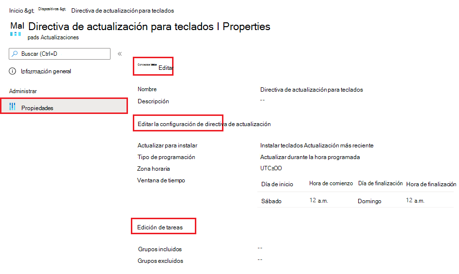 Captura de pantalla que muestra cómo editar una directiva de actualización de software de iOS/iPadOS existente en Microsoft Intune.
