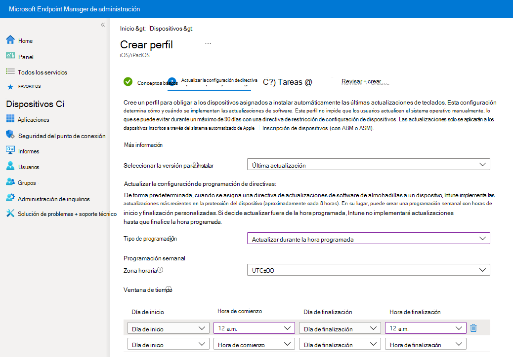 Captura de pantalla que muestra la selección de instalar una actualización durante la hora programada en una directiva de actualización en Microsoft Intune.