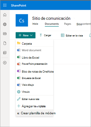 Captura de pantalla de la biblioteca de documentos con la opción Crear plantilla moderna resaltada.