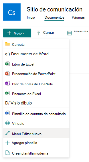 Captura de pantalla de la biblioteca de documentos con la opción de menú Editar nuevo resaltada.