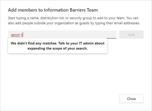 Recorte de pantalla de la búsqueda de un nuevo miembro para agregar a un equipo y la búsqueda de ninguna coincidencia.