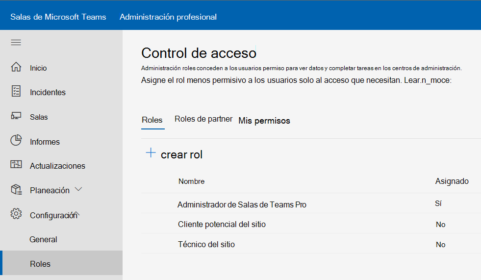 Captura de pantalla de la página de control de Access que muestra los roles.