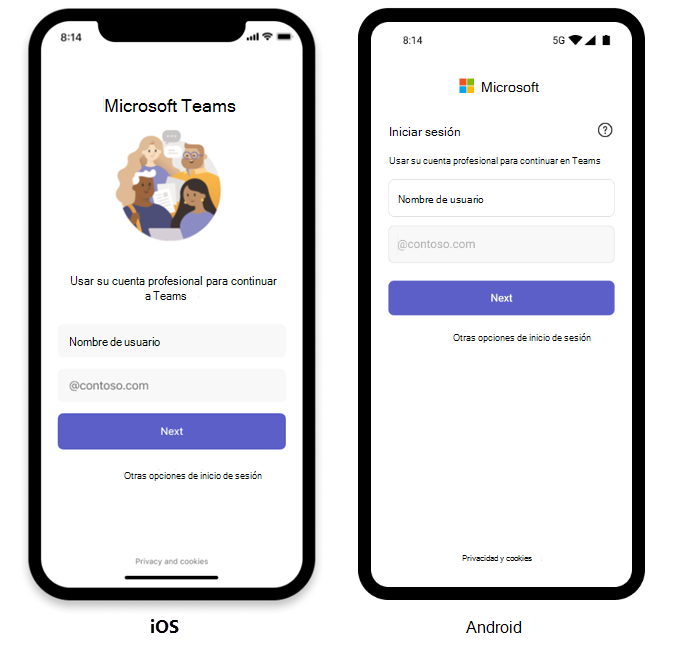 Captura de pantalla de la pantalla de inicio de sesión que muestra el nombre de dominio rellenado previamente en Teams para iOS y Android.