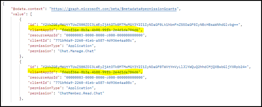 Captura de pantalla que muestra la respuesta del Explorador de Graph a la llamada GET para los permisos de RSC de chat.
