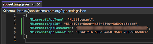 Captura de pantalla que muestra el archivo Json de Appsettings.