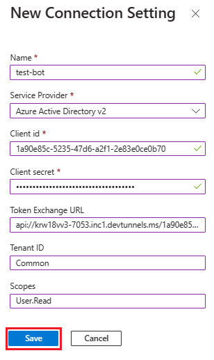 Captura de pantalla que muestra los valores agregados para establecer la conexión de OAuth.
