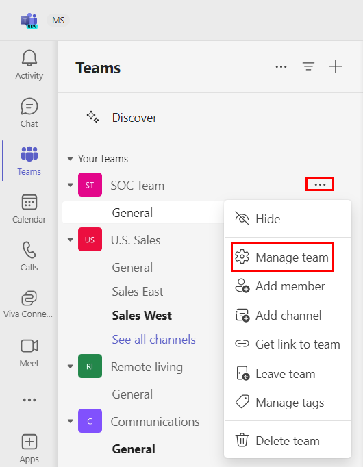 Captura de pantalla que muestra la opción administrar Teams en un canal de Teams.