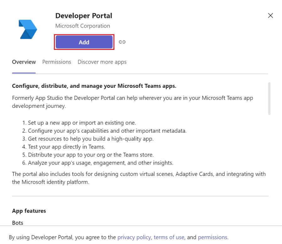 Captura de pantalla que muestra cómo agregar portal para desarrolladores en el cliente de Teams.