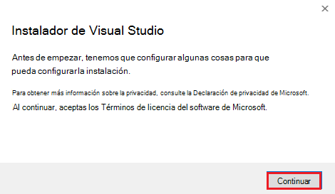 Captura de pantalla del instalador de Visual Studio con las opciones de continuar resaltadas en rojo.