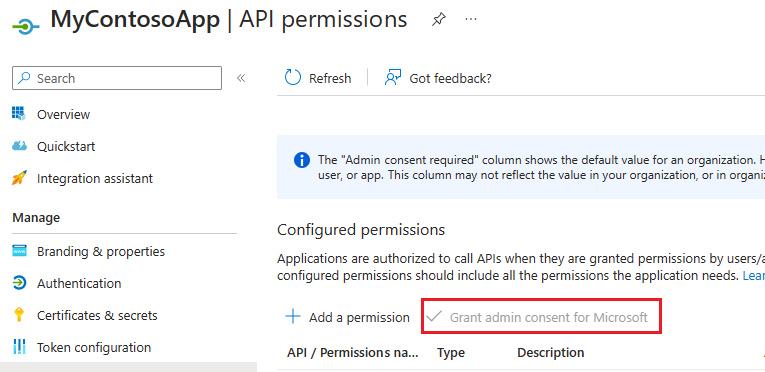 Conceder permisos de API.