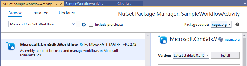 Instalar el paquete de NuGet de flujo de trabajo Microsoft.CrmSdk.Workflow.